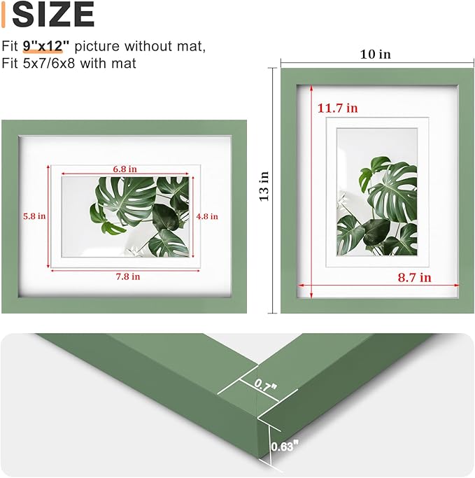Egofine 9x12 Picture Frames 4PCS Covered by Plexiglass, Wood Frames for Pictures 5x7/6x8 with Mat or 9x12 without Mat, Tabletop and Wall Mounting Display, Green
