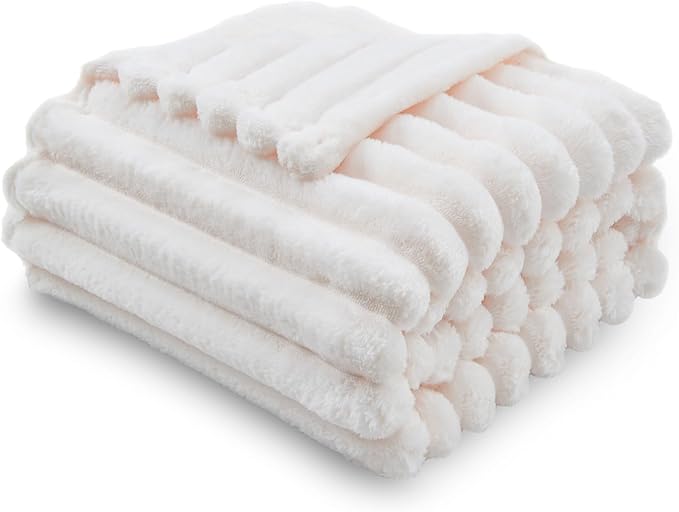 NEWCOSPLAY Super Soft Throw Blanket Ivory Premium Silky Flannel Fleece 3D Ribbed Jacquard Lightweight Bed Blanket All Season Use (Ivory Ribbed, Throw(50"x60"))