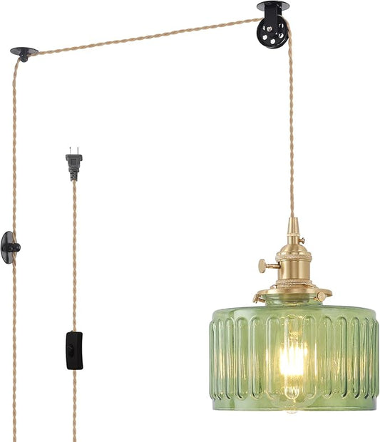 Plug in Pendant Light Hanging Light Fixture Corded On/Off Switch Brass Pendant Light with Green Striped Glass Lampshade for Bedroom Living Room Kitchen Island