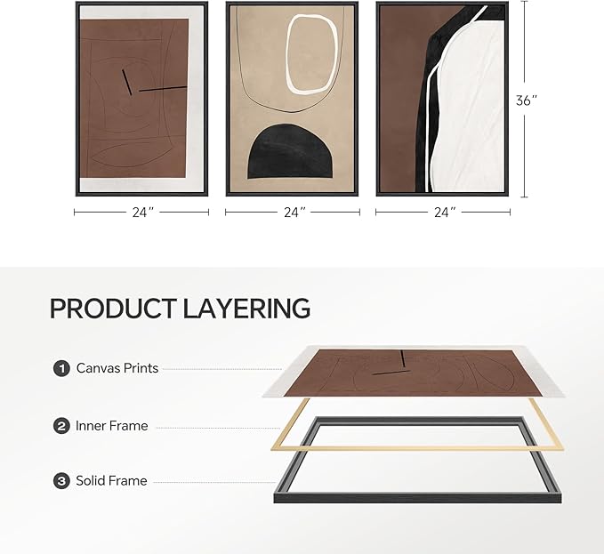 Framed Black and Brown Abstract Wall Art for Living Room, Set of 3 Piece Large Canvas Picture Prints, Modern Neutral White Artworks for Dining Room Hallway Home Office Wall Decor, 24x36 Inch