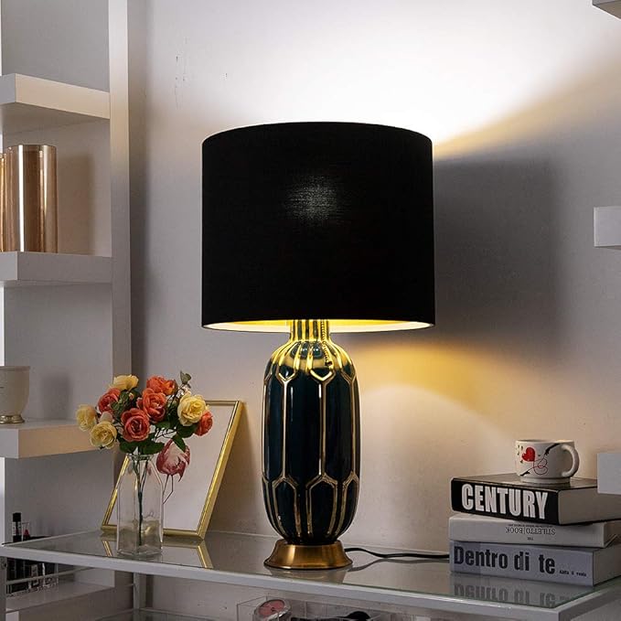 Wellmet 14"x14"x11" Assembly Required Lampshade for Table Lamp, Bedside Lamp, Floor Lamp, Fabric Drum Lampshade Classic Modern Style, Spider Fitter, Black Gold