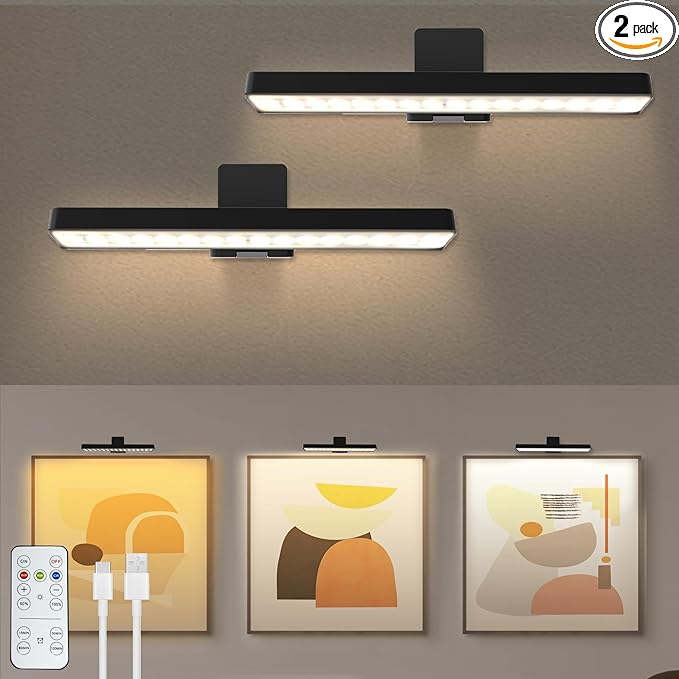 2Pack Picture Light Battery Operated with Remote, LED Painting Light for Art with 3 Lighting Colors & Dimmable, LED Art Display Accent Light on Wall for Pictures Dartboard Photo Frame Portrait