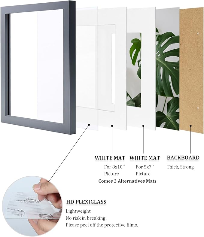 Egofine 11x14 Picture Frames 4 Pack Display Pictures 5x7/8x10 with Mat or 11x14 Without Mat Made of Solid Wood Covered by Plexiglass for Table Top Display and Wall Mounting Photo Frames, Dark Gray