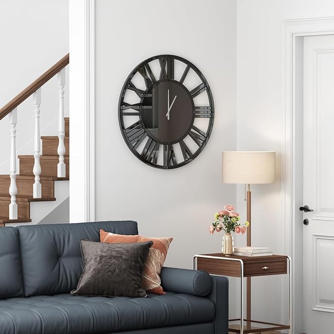 SHYFOY 32" Modern Black Mirror Finish Wall Clock with Roman Numerals – Silent, Non-Ticking – Decorative Wall Clock for Living Room, Bedroom, Office