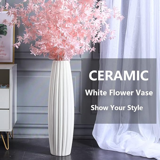 White Tall Floor Vase, 28" Ceramic Large Vase, Decorative Flower Vases for Modern Home Decor Living Room Office Bedroom Kitchen Wedding Centerpieces Farmhouse Décor