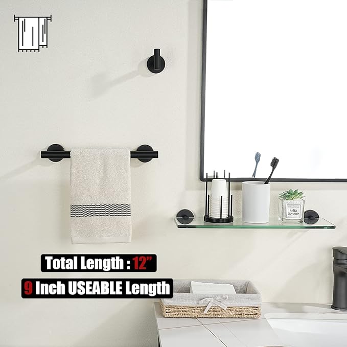 JQK Black Towel Bar, 12 Inch 304 Stainless Steel Thicken 0.8mm Hand Towel Rack, Bathroom Towel Holder Matte Black Wall Mount, Useable Length 9 Inch TB110L9-PB