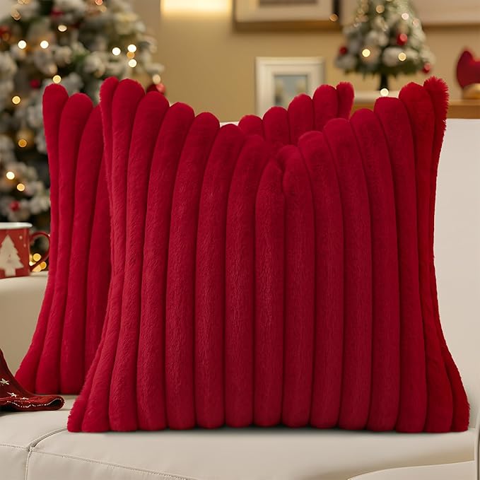 decorUhome Faux Fur Christmas Throw Pillow Covers 20x20 Set of 2, Decorative Soft Plush Striped Neutral Couch Euro Pillow Covers with Velvet Back for Sofa, Bed, Living Room Home Decor, Red
