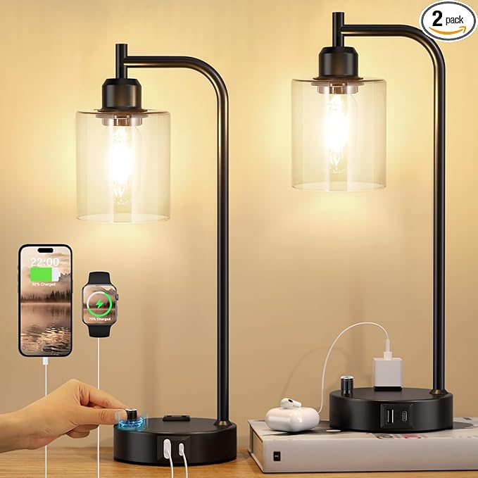 Industrial Nightstand Lamps for Bedrooms Set of 2 - Fully Dimmable Bedside Lamps with USB A C Ports and Outlet, Black Table Lamps with Clear Glass Shade for Living Room, Desk Lamps for Office Reading