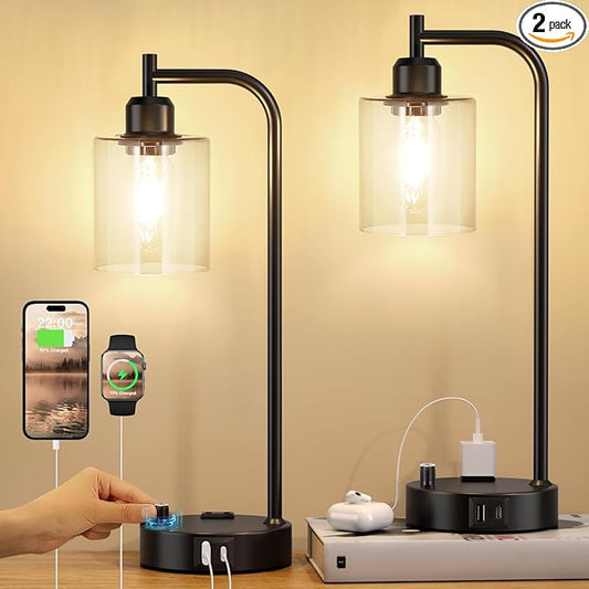 Industrial Nightstand Lamps for Bedrooms Set of 2 - Fully Dimmable Bedside Lamps with USB A C Ports and Outlet, Black Table Lamps with Clear Glass Shade for Living Room, Desk Lamps for Office Reading