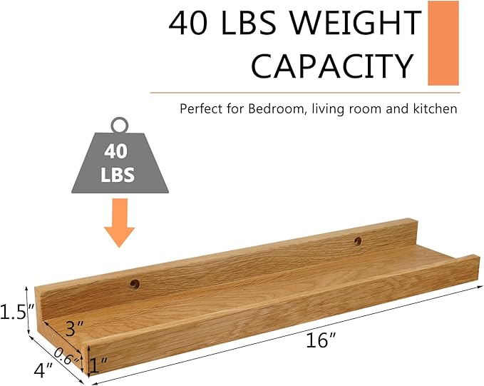 Floating Shelves Wall Mounted, 16 Inch Wall Shelves for Decor and Storage, Natural Solid Oak Wood Shelf, Picture Ledge for Bedroom/Bathroom/Living Room/Kitchen/Laundry Room, Natural Color