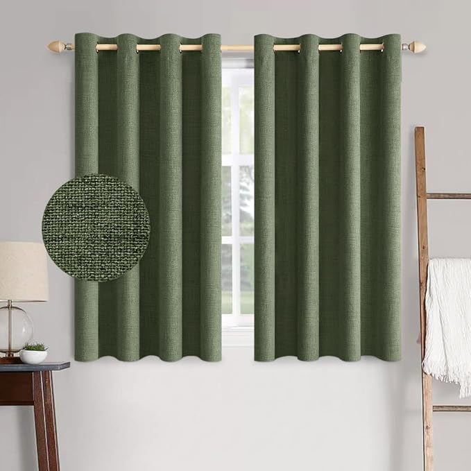 MIULEE 100% Blackout Linen Textured Curtains for Bedroom Solid Thermal Insulated Olive Green Grommet Room Darkening Curtains & Drapes Luxury Decor for Living Room Nursery 52 x 45 Inch (2 Panels)