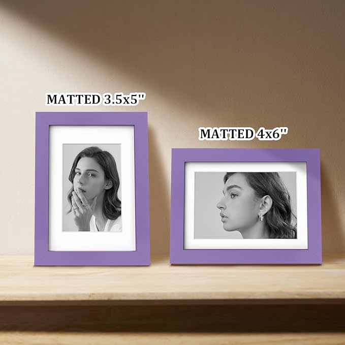 Egofine 5x7 Picture Frame 4PCS Made of Solid Wood, Display Pictures 3.5x5/4x6 with Mat or 5x7 Without Mat Covered by Plexiglass for Table Top Display and Wall Mounting Photo Frame, Purple