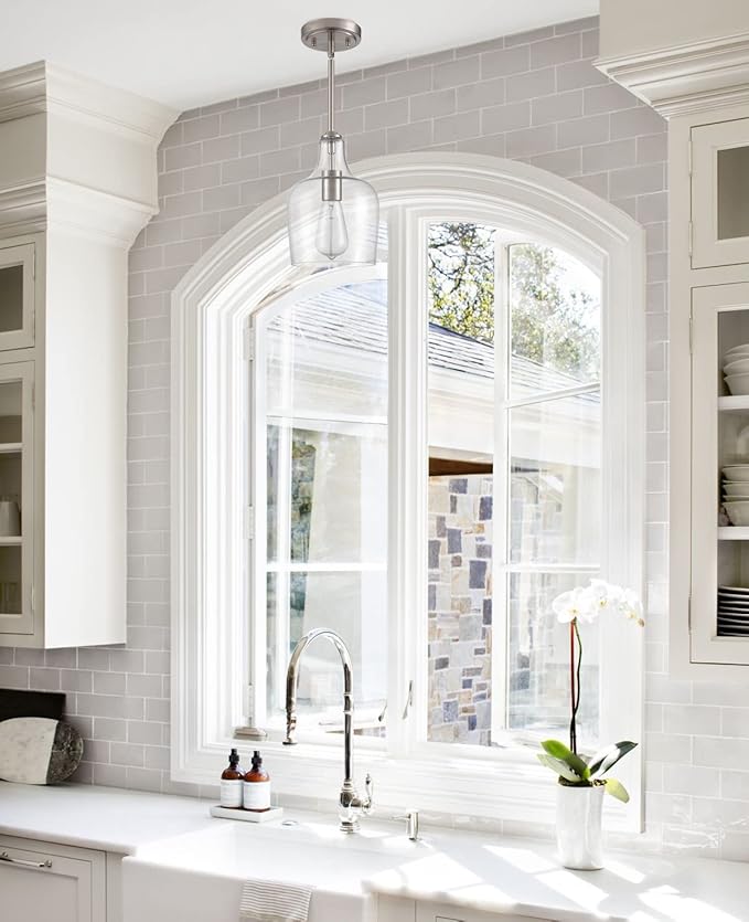 Modern Farmhouse Pendant Lighting for Kitchen Island Glass Pendant Light Brushed Nickel, 1-Light