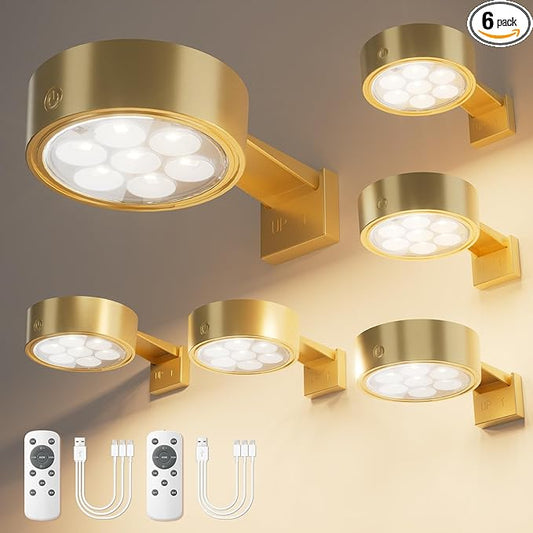 VOLISUN Picture Lights for Wall, 4000mAh Rechargeable Picture Light Battery Operated, 3 Color Temperatures Cordless Picture Light with Remote, Art Light for Painting, Gallery, Portrait, 3 Pack (Gold)