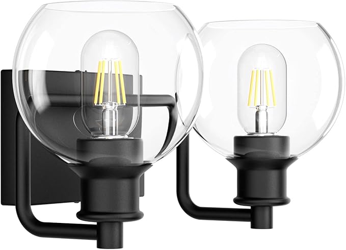Tipace 2 Lights Industrial Bathroom Vanity Light Fixtures Over Mirror Black Vintage Vanity Lights with Globe Clear Glass Farmhouse Wall Sconces Fixture(Exclude Bulb)