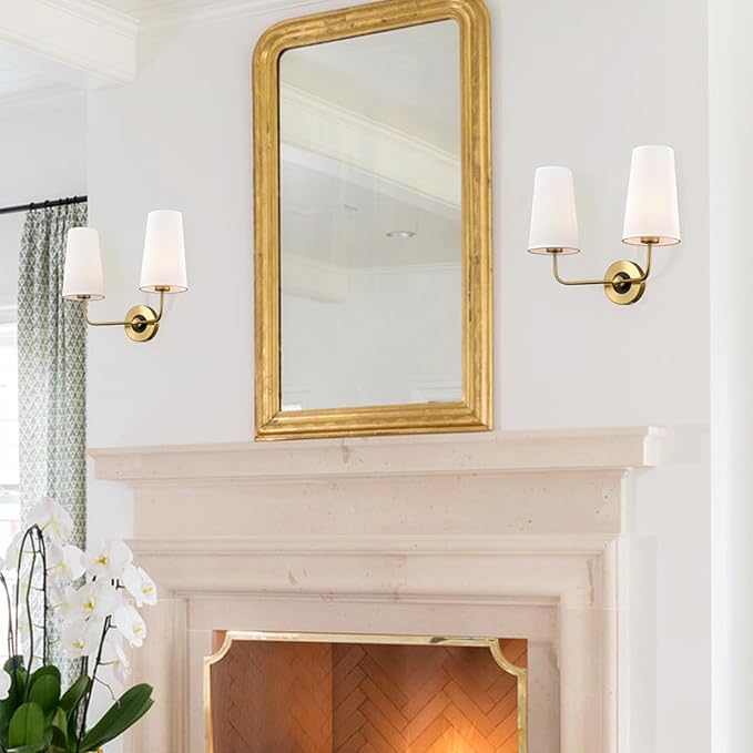 DAYCENT Modern Gold Wall Sconce with Fabric Shade 2-Light Armed Sconces Wall Lighting Double Brass Sconce for Bathroom Vanity Bedroom Hallway Living Room Stairway