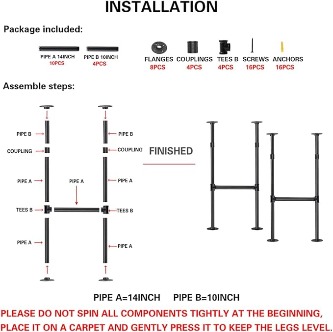 Industrial Pipe Counter Bar Height Table Leg,Metal Table Legs,Iron Base Legs Coffee Tables, Desks, Nightstand,2Pcs, 38" H × 14" W(Black)