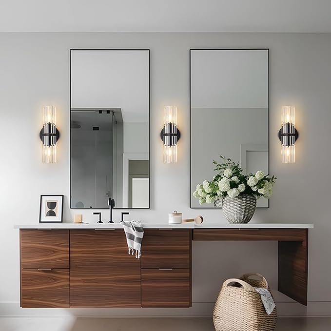 Black Crystal Wall Sconces, 13" Modern Brass Sconces Lighting with K9 Crystal Lampshade,Indoor Wall Sconce Bedroom Wall Light Fixtures for Living Room Bathroom Hallway Stairs Entryway