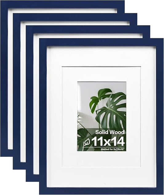 Egofine 11x14 Picture Frames 4PCS Covered by Plexiglass, Made of Solid Wood, Display Pictures 8x10/5x7 with Mat or 11x14 Without Mat for Table Top and Wall Mounting, Navy Blue