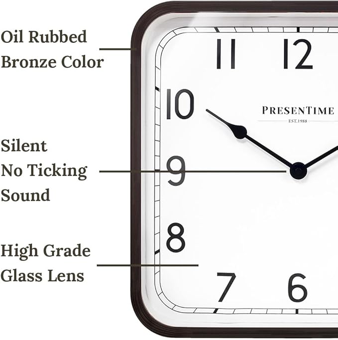 Presentime & Co. 16" Anton Modern Farmhouse Square Clock, Silent No Ticking, Wall Art and Timepiece for Home Decoration/Wall Décor, Oil Rubbed Bronze Color