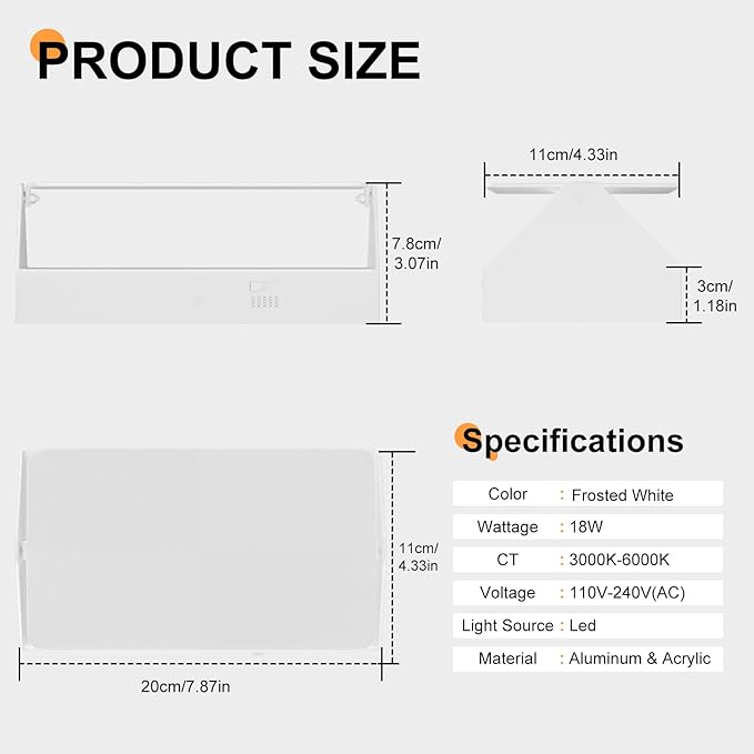 Indoor Modern Led Aluminum Wall Sconces,18W 5CCT 3000K-6000K Dimmable Hardwired Wall Light with Rotatable Lampshade,Contemporary Wall Lamp for Bedroom Living Room Hallway Stairway(White,2Pack)