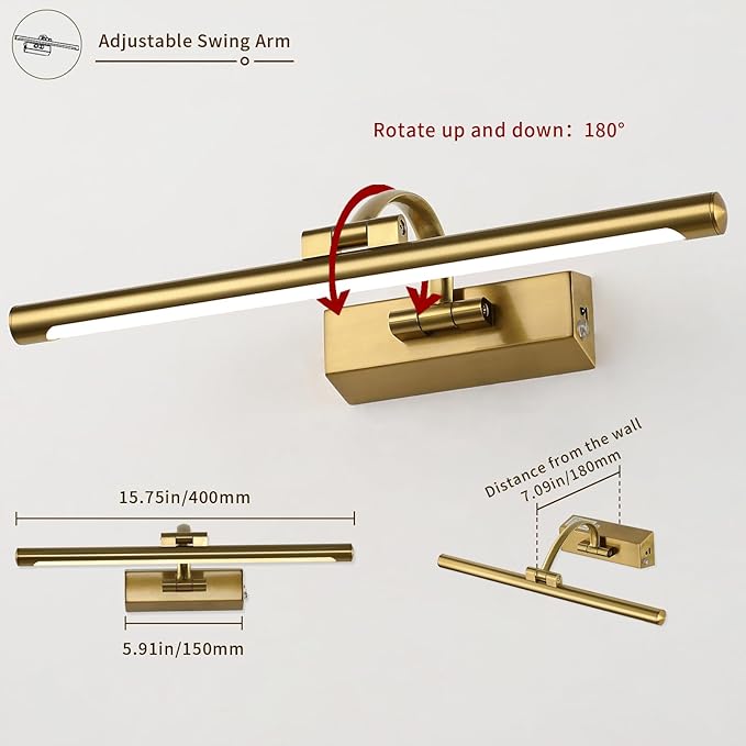JUSHENG Wireless Picture Lights Battery Operated with Remote and Timer Brass Art Light with Swing Arm Rechargeable Gallery Lighting Artwork Lamp 15.75'' Inch 3W