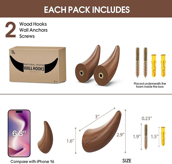 World’s Only - Unique Wall Hooks, 2 Pack Coat Hooks, Horn Shape Design, Decorative Bag Hooks, Cowboy Hat Rack for Wall – Natural, Space-Saving, Baseball Cap Organizer