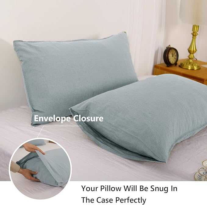 Simple&Opulence 100% Linen Pillowcases Basic Style Solid Color Set of 2, King Size Stone Washed Flax Pillow Cover Envelope Closure (20''x40'', Dusty Blue)