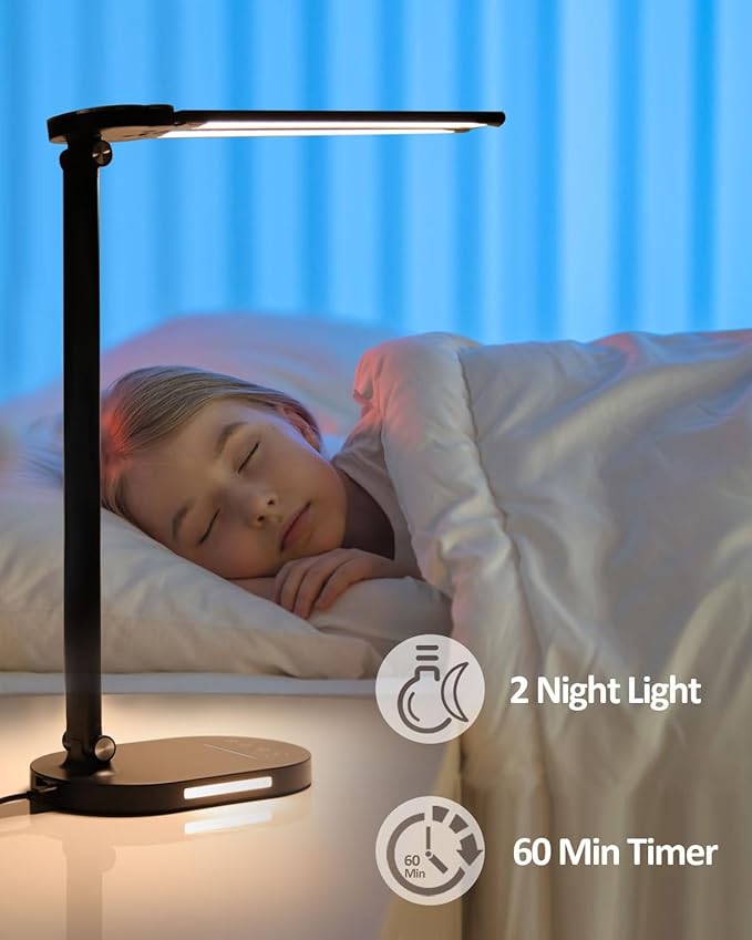 LED Desk Lamps for Home Office, 14W Double Swing Arm LED Desk Lamp with USB Charging Port, Eye-Caring Architect Task Lamp, Desktop Lamp with Night Light Table Light for Work Study Craft with Adapter