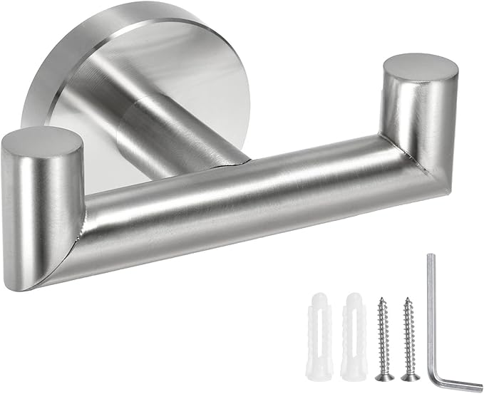 uxcell Double Towel Hook, Stainless Steel Coat Hook, Wall Mount Robe Hooks Hand Towel Hanger for Bathroom Kitchen Living Room, Brushed Silver