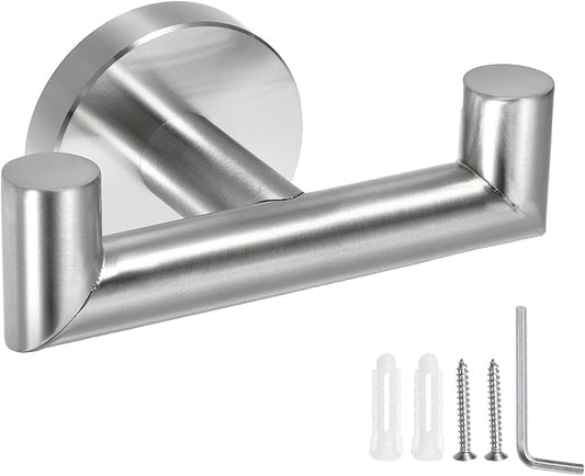uxcell Double Towel Hook, Stainless Steel Coat Hook, Wall Mount Robe Hooks Hand Towel Hanger for Bathroom Kitchen Living Room, Brushed Silver