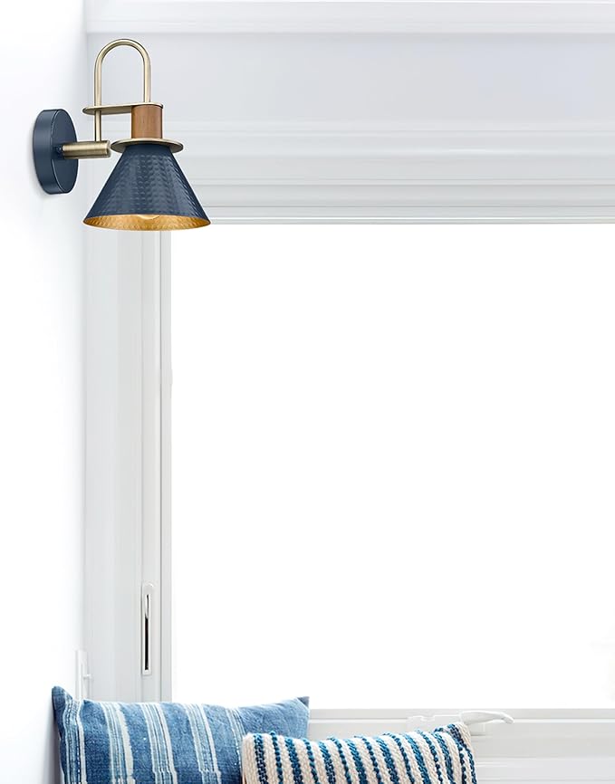 Industrial Wall Sconces Set of Two, HWH Indoor Wall Sconce 1-Light Barn Vanity Light, Gooseneck Wall Lamp for Bathroom Bedroom Bedside Kitchen, Hammered Metal Shade, Navy Blue Finish, 5HZG74B-2 BL+BG