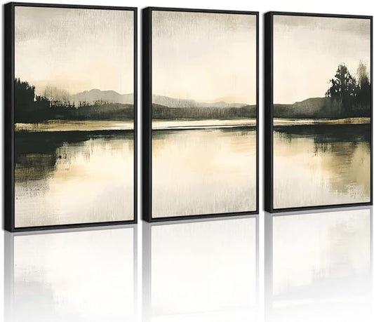 KUVIOKE Watercolor Abstract Mountain Lake Framed Wall Art Brown Landscape Nature Wilderness Painting Nordic Neutral Tan Illustration Decorative Home Decor 11x14in (Black Framed)