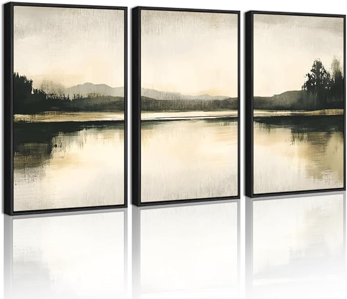 KUVIOKE Watercolor Abstract Mountain Lake Framed Wall Art Brown Landscape Nature Wilderness Painting Nordic Neutral Tan Illustration Decorative Home Decor 12x16in (Black Framed)