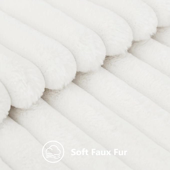 decorUhome Faux Fur Christmas Throw Pillow Covers 12x20 Set of 2, Decorative Soft Plush Striped Lumbar Neutral Couch Euro Pillow Covers with Velvet Back for Sofa, Bed, Living Room Home Decor, White