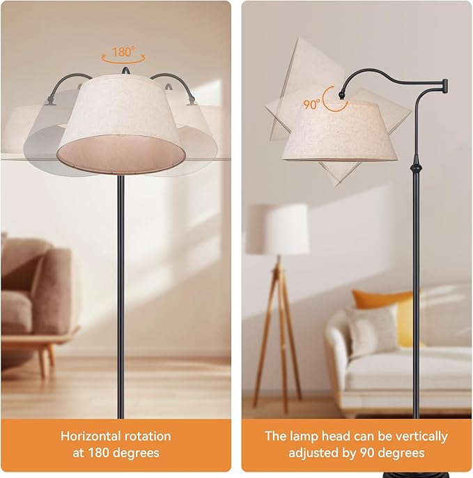 Cantilever Floor Lamp, Standing Chandelier Floor Lamp with 180° Adjustable Swing Arm, Modern Floor Lamps with Linen Shade,Classic Lamp for Living Room Office Bedroom Reading(Black)