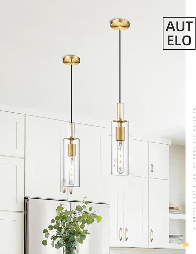 AUTELO 3-Pack Pendant Lights Kitchen Island, Brushed Gold Pendant Light Fixtures, Vintage Pendant Lights with Clear Cylinder Glass, Hanging Light for Kitchen Island, Dining Room, H3875 BG-3PK