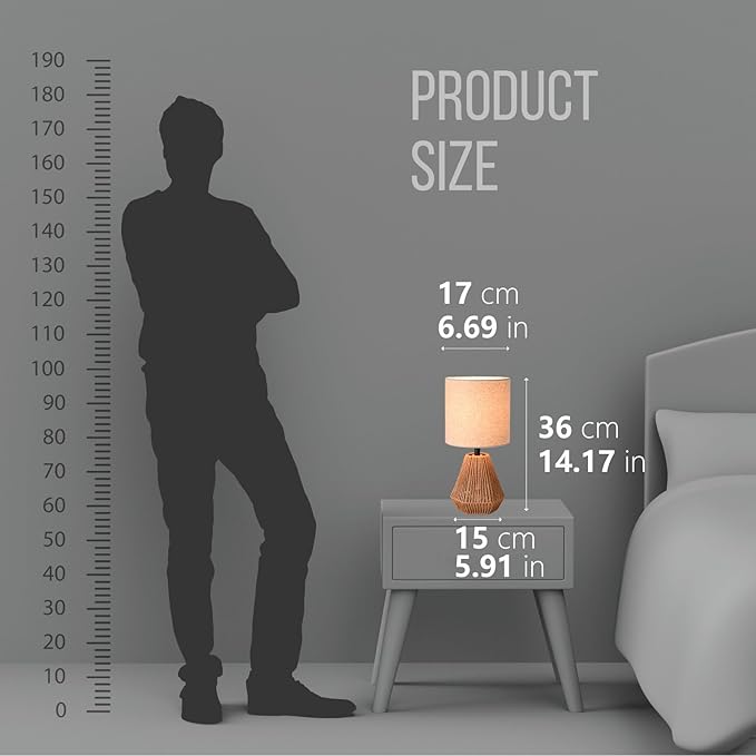 KUNJOULAM Rattan Table Lamp, Small Nightstand Lamp with Linen Fabric Lampshade, Desk Lamp for Living Room Home Office