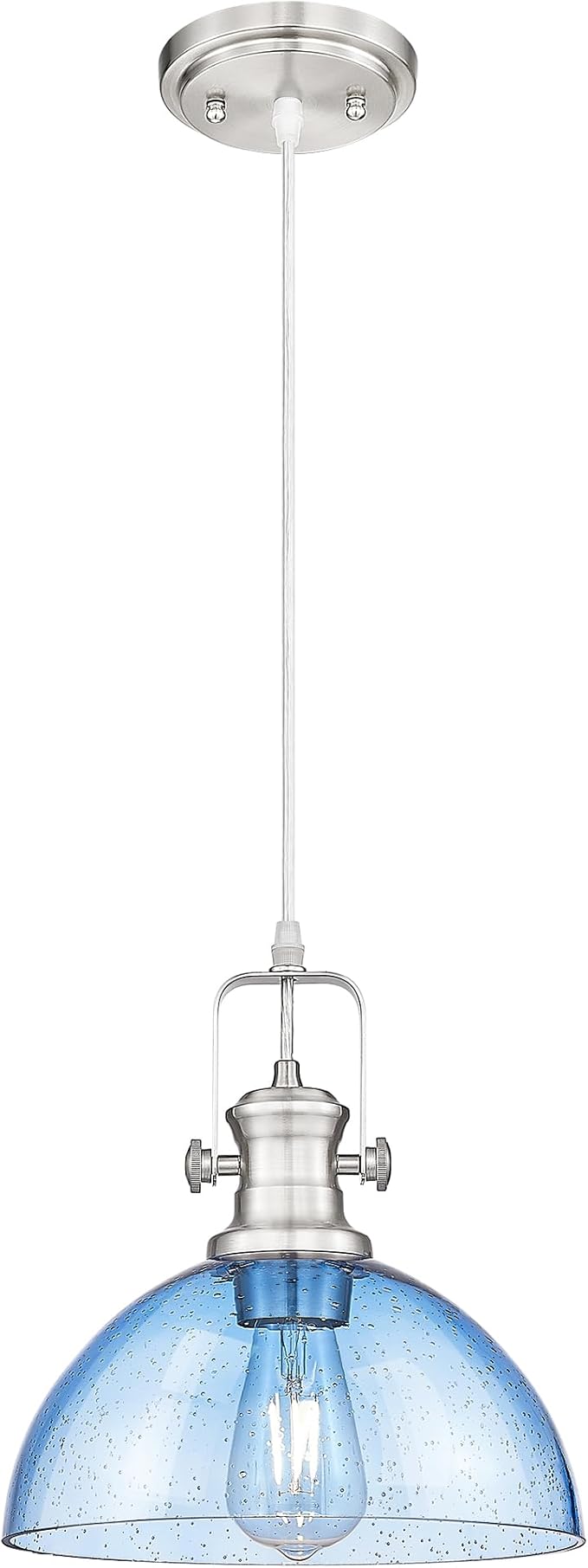 Pendant Lights Kitchen Island, 10.5" Farmhouse Pendant Lighting with Blue Seeded Glass Shade, Vintage Hanging Light Fixtures for Dining Room, Brushed Nickel, AD-22151-1PL-SN-BL