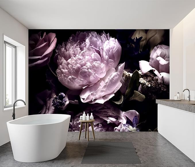 -Black Peony Purple Floral Botanical Fabric Wallpaper Living Room Bedroom Bathroom Dark Flowers Wall Mural- 91"x65"（ not Peel and Stick）