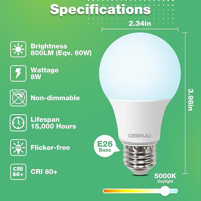 36 Pack A19 LED Bulbs 60W Equivalent, 8W Daylight 5000K LED Light Bulbs, E26 Medium Base, Non-Dimmable, 800 Lumens, Ideal for Bedroom Living Room