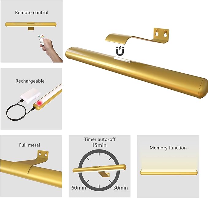 Gold Wireless Led Picture Light with Remote Control - Rechargeable Battery, Metal Art Display Accent Light, 300LM, Dimmable for Gallery, Dartboard