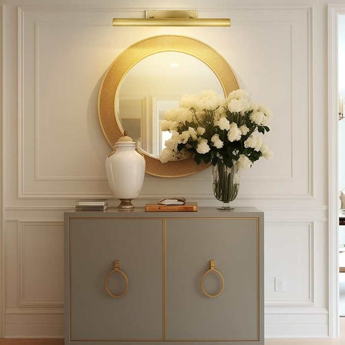 Brass Picture Lights for Wall, 30" Linear Picture Light Hardwired, 4-Light Brush Gold Art Light, Dimmable Gallery Light for Paintings, Warm White 270° Picture Frame Lights for Bathroom, Living Room