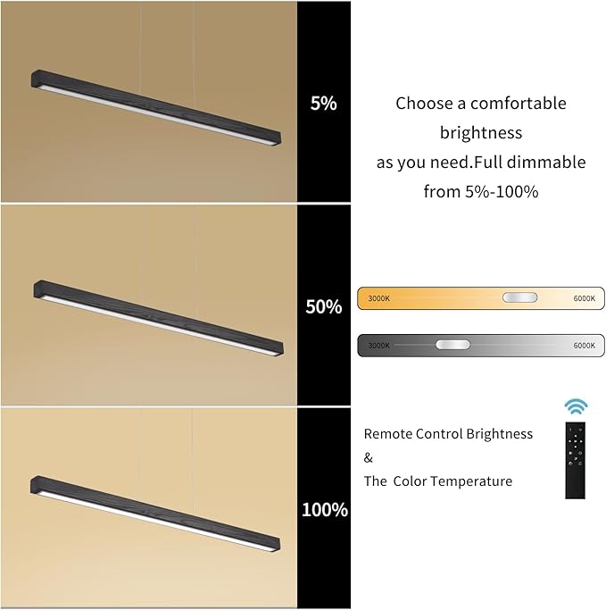 71 Inch LED Linear Pendant Light Black Wood LED Kitchen Island Lighting Dimmable Ceiling Hanging Chandeliers for Dining Room Living Room Bar Pool Table 40W Modern Farmhouse Fixture Black Wood Finish