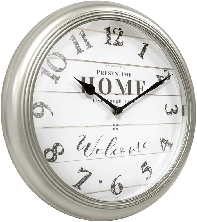 Presentime & Co. 12.6" Illuminated Farmhouse Wall Clock, Silent Battery Operated Night Light Wall Clock with Smart LED Sensor for Living Room, Bathroom, Kitchen, Home Office, Morning Silver