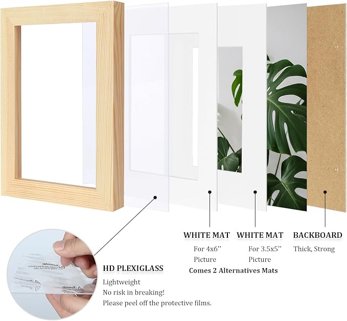 Egofine 5x7 Picture Frames Natural Wood Frames with Plexiglass, Display Pictures 3.5x5/4x6 with Mat or 5x7 Without Mat Set of 4 for Tabletop and Wall Mounting