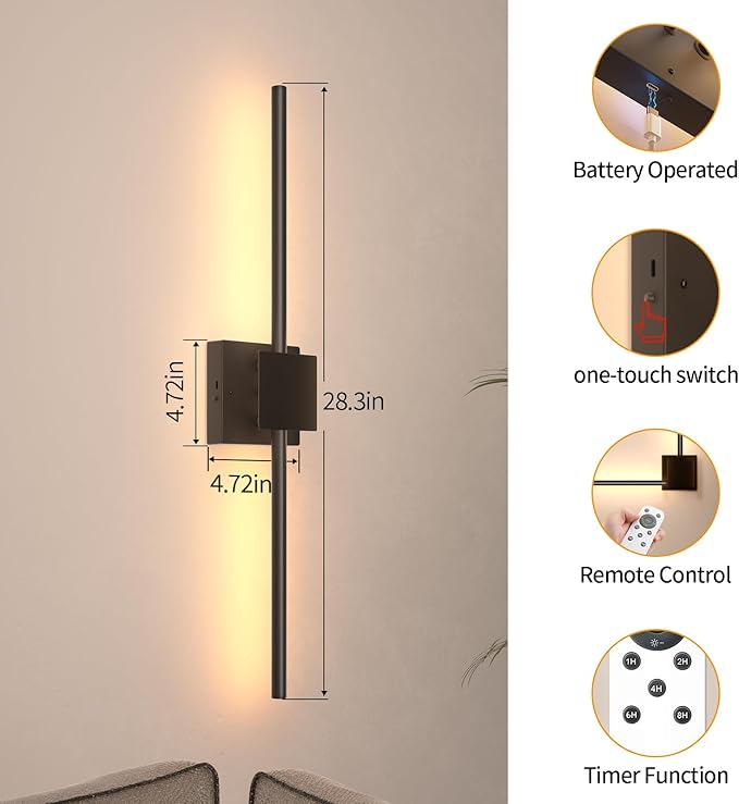 Torchlet Battery Operated Wall Sconce with Remote Control, Dimmable Wall Sconces Set of Two with DIY Independently Rotatable Lamp, 3000K-6000K LED Wall Lights for Living Room, Bedroom, 28.3In, 2 Pack