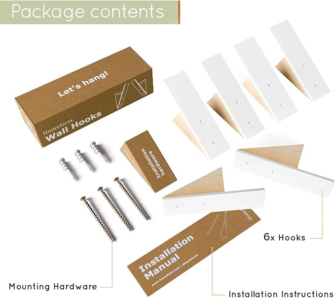 Homeforia Beech Wood Coat Hooks, High End Beech Wood & White Metal Wall Mounted Clothing Hooks, Mid-Century Modern Coat Hooks, Heavy Duty Wooden Hooks for Hanging Coats, Hats, Towels & More, Set of 6