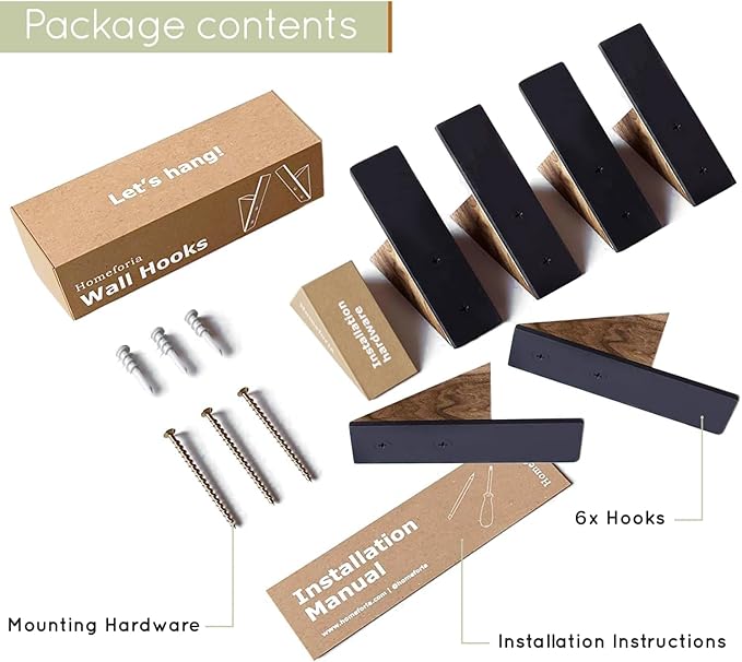 Homeforia Walnut Wood Coat Hooks, High End Walnut Wood & Black Metal Wall Mounted Coat Hooks, Mid-Century Modern Clothes Hooks, Heavy Duty Wooden Hooks for Hanging Coats, Hats, Towels & More, Set of 6