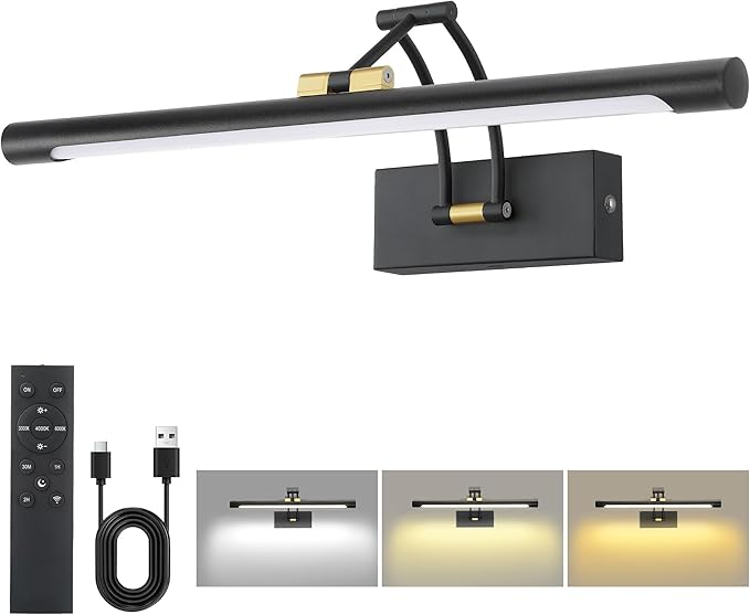 16“ Picture Lights for Wall Battery Operated, Wireless Picture Light with Remote, Rechargeable Wall Light 3000K/4000K/6000K Dimmable, Art Lighting for Paintings Frame Gallery Dartboard, Black Gold